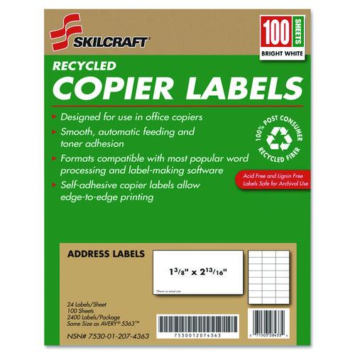 AbilityOne 7530012074363, SKILCRAFT Recycled Copier Labels, Copiers, 1.38 x 2.81, White, 24/Sheet, 100 Sheets/Box