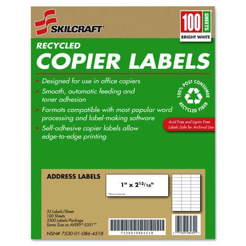 AbilityOne 7530010864518, SKILCRAFT Recycled Copier Labels, Copiers, 1 x 2.81, White, 33/Sheet, 100 Sheets/Box