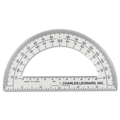 Charles Leonard Open Center Protractor, Plastic, 6" Ruler Edge, Clear
