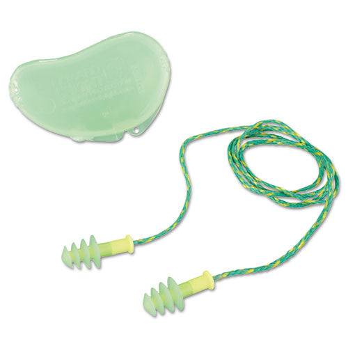 Howard Leight by Honeywell Fusion Multiple-Use Earplugs, Corded, 27 dB NRR, Small, Green/Yellow 4-Flange Plugs, 100/Box