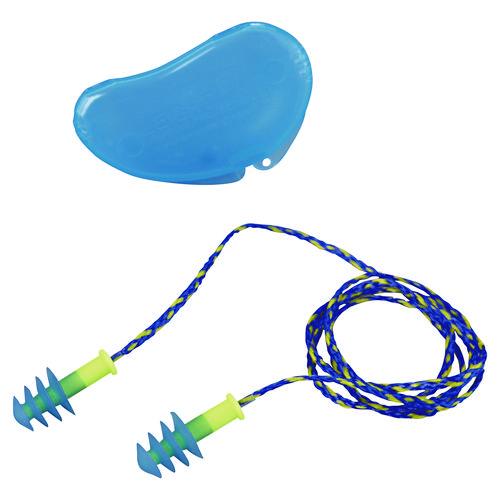 Howard Leight by Honeywell Fusion Multiple-Use Earplugs, Corded, 27 dB NRR, One Size Fits Most, Blue/Yellow 4-Flange Plugs, 100/Box