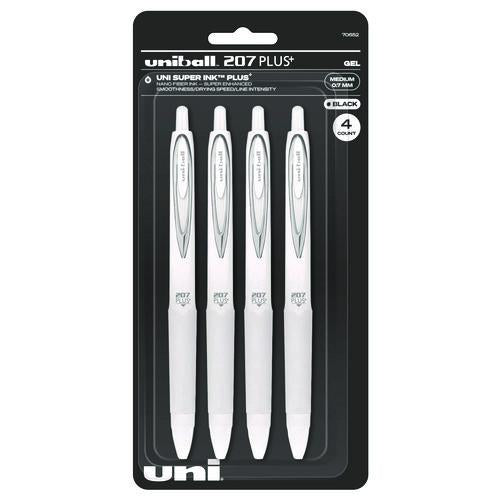 uniball 207 Plus+ Gel Pen, Retractable, Medium 0.7 mm, Black Ink, White Barrel, 4/Pack