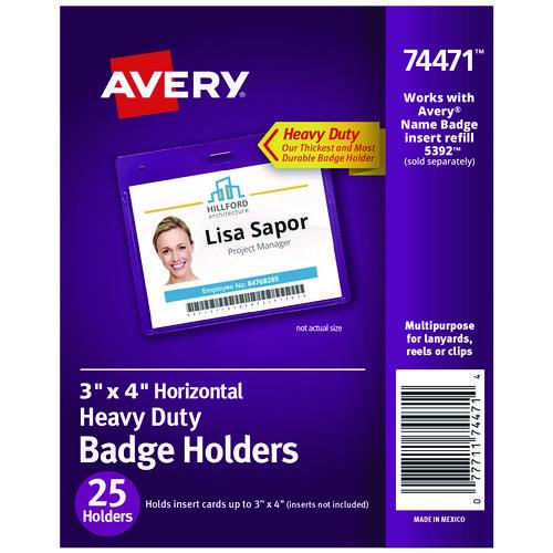 Avery Secure Top Heavy-Duty Badge Holders, Horizontal, 4w x 3h, Clear, 25/Pack