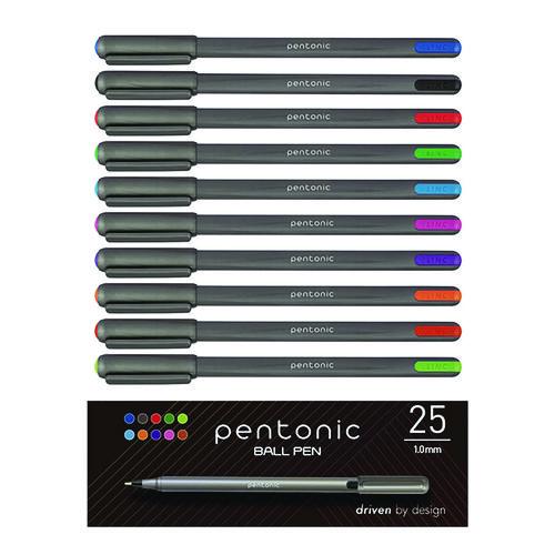 TOPS PENTONIC Ballpoint Pen, Stick, Medium 1 mm, Assorted Ink Colors, Charcoal Gray Barrel, 25/Pack