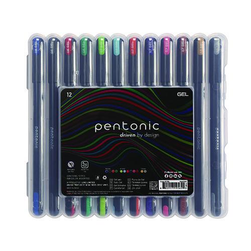 TOPS PENTONIC Gel Pen, Stick, Assorted Point Sizes, Assorted Ink Colors, Black Barrel, 12/Pack