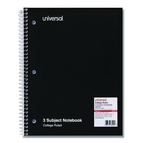 Universal Wirebound Notebook, 3-Subject, Medium/College Rule, Black Cover, (120) 11 x 8.5 Sheets