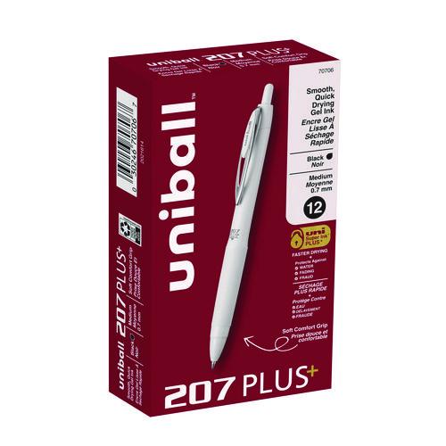 uniball 207 Plus+ Gel Pen, Retractable, Medium 0.7 mm, Black Ink, White Barrel, Dozen