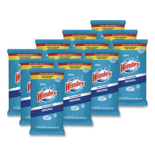Windex Glass and Surface Wet Wipe, Cloth, 7 x 8, Unscented, White, 38/Pack, 12 Packs/Carton