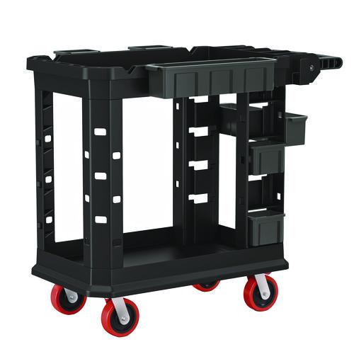 Suncast Commercial Heavy Duty Plus Utility Cart, Plastic, 2 Shelves, 6 Bins, 500 lb Capacity, 19.5" x 41.78" x 34.81", Black