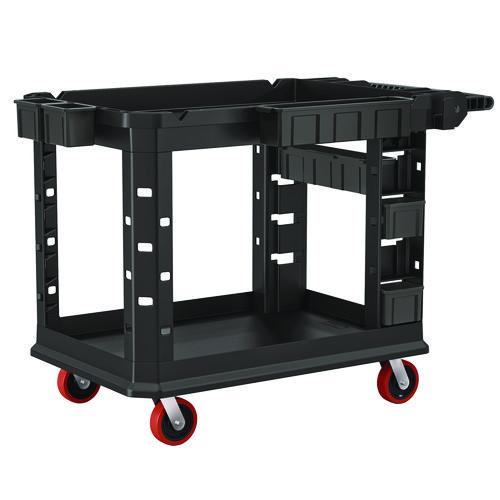 Suncast Commercial Heavy Duty Plus Utility Cart, Plastic, 2 Shelves, 6 Bins, Capacity, 26.5" x 48.78" x 34.81", Black