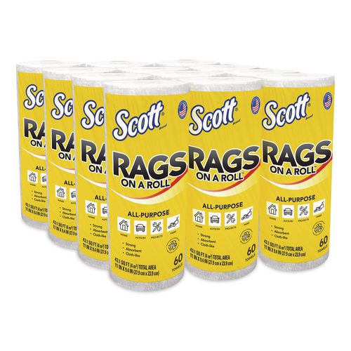 Scott Rags On A Roll, 1-Ply, 9.4 x 11, White, 60/Roll, 12 Rolls/Carton