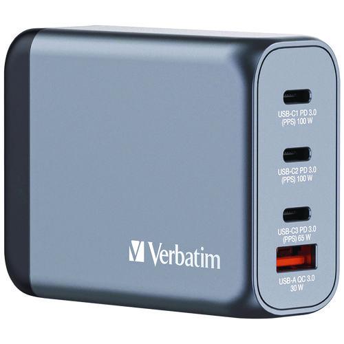 Verbatim 100 W 4-Port GaN Wall Charger, Black/Gray