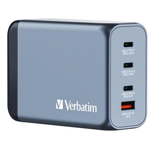 Verbatim 240 W 4-Port GaN Wall Charger, Black/Gray