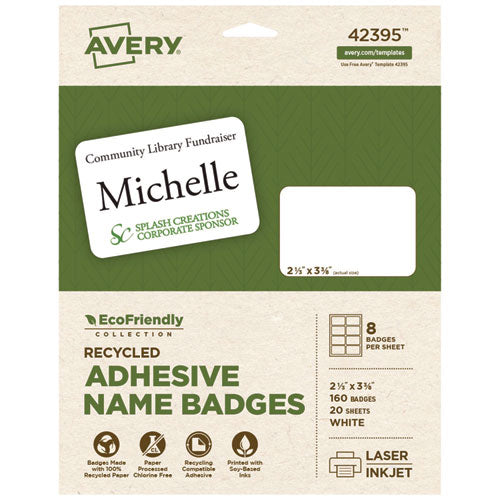 Avery EcoFriendly Adhesive Name Badge Labels, 3.38 x 2.33, White, 160/Box