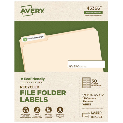 Avery EcoFriendly Permanent File Folder Labels, 0.66 x 3.44, White, 30/Sheet, 50 Sheets/Pack