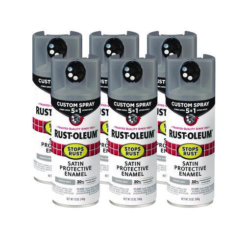 Rust-Oleum Stops Rust 5-in-1 Spray Paint, Satin Coastal Gray, 12 oz Aerosol Can, 6/Carton