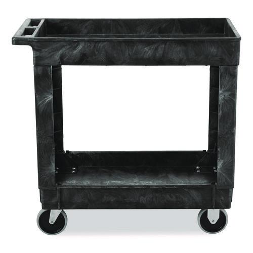 Rubbermaid Commercial Heavy-Duty Flat-Handle Maintenance/Utility Cart, Plastic, 2 Shelves, 500 lb Capacity, 34.13" x 17.38" x 32.38", Black