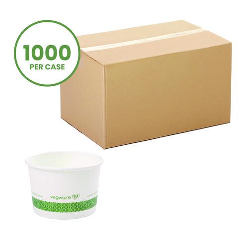 Vegware Soup Containers, 8 oz, 3.5" Diameter x 2.4" h, White/Green, Paper, 1,000/Carton