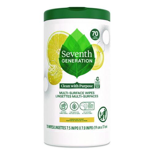 Seventh Generation Multi-Surface Wipes, 7 x 7, Lemon Zest, White, 70 Wipes/Canister, 6/Carton