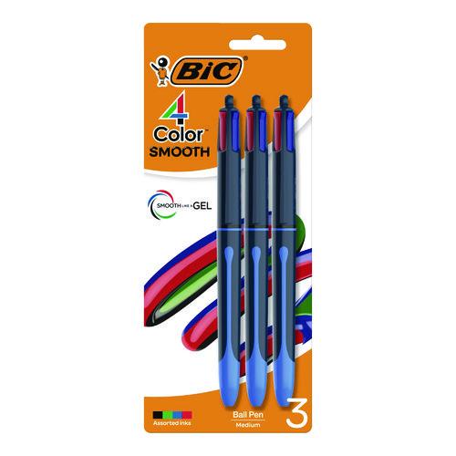 BIC 4-Color Smooth Multi-Color Ballpoint Pen, Retractable, Medium 1 mm, Black/Blue/Green/Red Ink, Black/Blue Barrel, 3/Pack