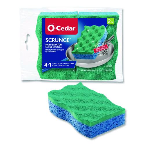 O-Cedar Scrunge Non-Scratch Scrub Sponge, 2.63 x 4.25, 1" Thick, Green/Blue, 2/Pack