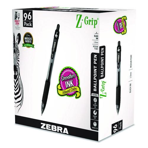 Zebra Z-Grip Ballpoint Pen, Retractable, Medium, 1 mm, Black Ink, Clear/Black Barrel, 96/Pack