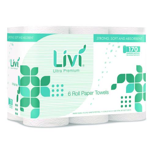 Livi Ultra Premium Kitchen Roll Towel, 2-Ply, 5" x 11", White, 6 Rolls/Pack, 4 Packs/Carton