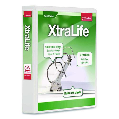Cardinal XtraLife ClearVue Non-Stick Slant-D Ring Binder, 3 Rings, 1.5" Capacity, 11 x 8.5, White