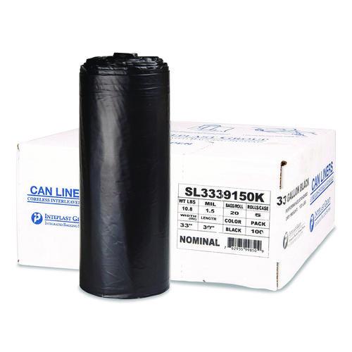 Inteplast Group Low-Density Commercial Can Liners, 33 gal, 1.5 mil, 33" x 39", Black, Interleaved Roll, 20 Bags/Roll, 5 Rolls/Carton