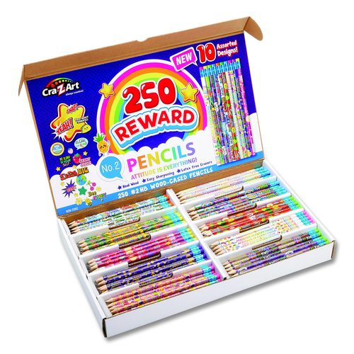 Cra-Z-Art Pencils Motivational Classpack, #2 Black Lead, Assorted Barrels, 10 Designs, 250 Pencils/Set