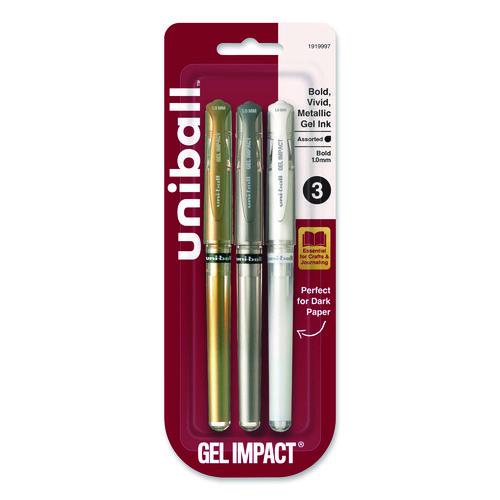 uniball Signo Impact Gel Pen, Stick, Bold 1 mm, Assorted Metallic Ink and Barrel Colors, 3/Pack