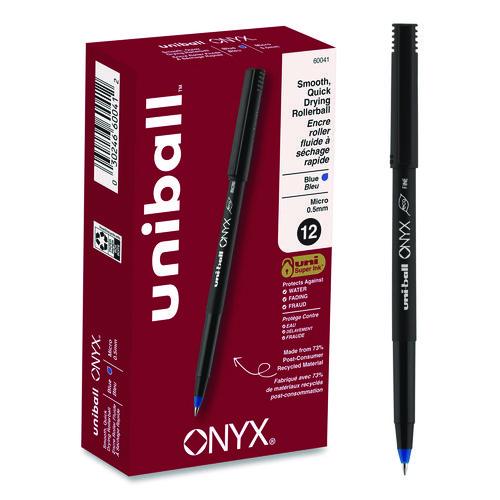 uniball ONYX Rollerball Pen, Stick, Micro 0.5 mm, Blue Ink, Black/Blue Barrel, Dozen