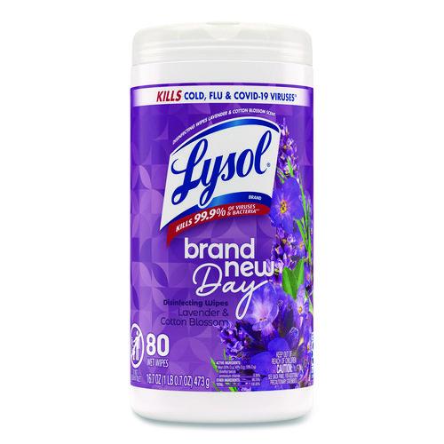 LYSOL Brand Disinfecting Wipes, 1-Ply, 7 x 7.25, Lavender and Cotton Blossom, White, 80 Wipes/Canister