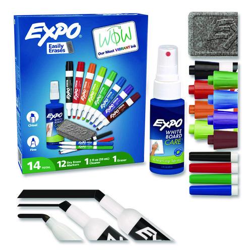 EXPO Low-Odor Dry Erase Marker, Eraser and Cleaner Kit, Medium Assorted Tips, Assorted Colors, 12/Set