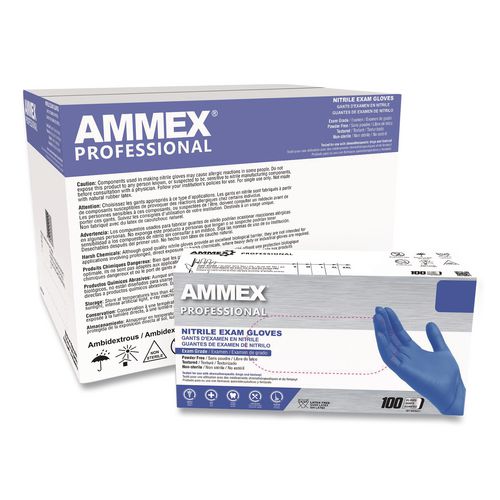 AMMEX Professional Nitrile Exam Gloves, Powder-Free, Small, 3 mil Thick, 9.5" Long, Blue, 100/Box, 10 Boxes/Carton
