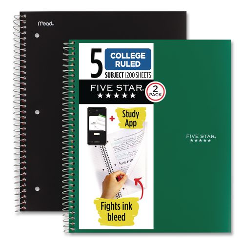 Five Star Wirebound Notebook, 5-Subject, Medium/College Rule, Assorted Cover Colors, (200) 11 x 8.5 Sheets, 2/Pack