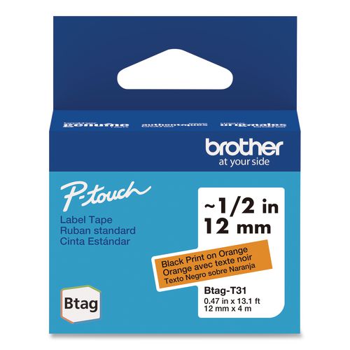 Brother P-Touch Genuine P-Touch BTAG Label Tapes, 0.47" x 13.1 ft, Black on Orange
