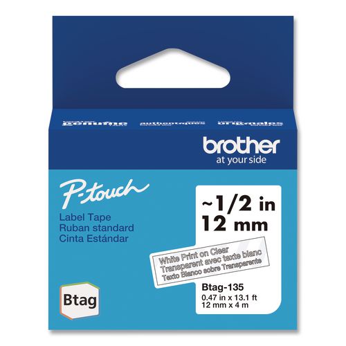 Brother P-Touch Genuine P-Touch BTAG Label Tapes, 0.47" x 13.1 ft, White on Clear