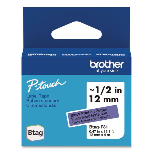 Brother P-Touch Genuine P-Touch BTAG Label Tapes, 0.47" x 13.1 ft, Black on Purple