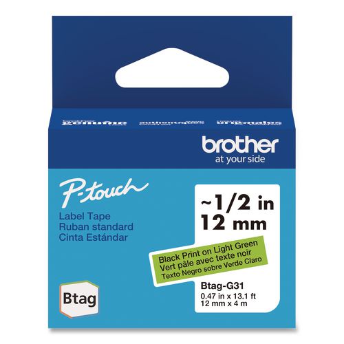 Brother P-Touch Genuine P-Touch BTAG Label Tapes, 0.47" x 13.1 ft, Black on Light Green