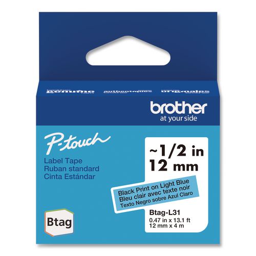 Brother P-Touch Genuine P-Touch BTAG Label Tapes, 0.47" x 13.1 ft, Black on Light Blue