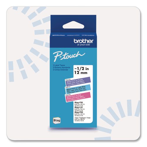 Brother P-Touch Genuine P-Touch BTAG Label Tapes, 0.47" x 13.1 ft, White on Purple, Black on Light Blue, White on Pink