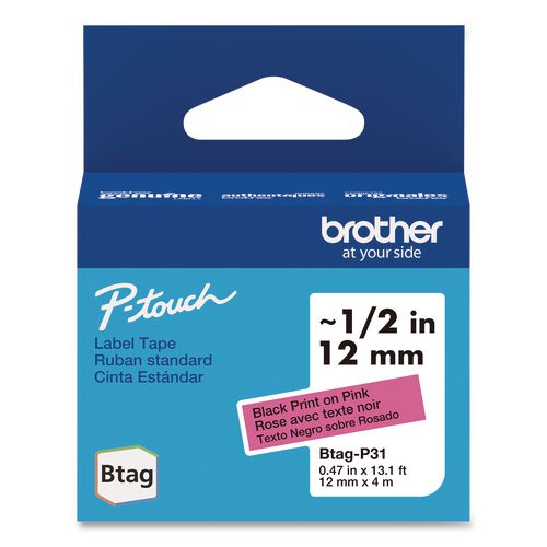 Brother P-Touch Genuine P-Touch BTAG Label Tapes, 0.47" x 13.1 ft, Black on Pink