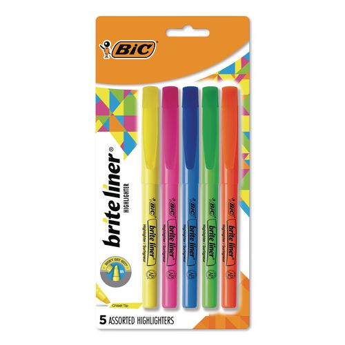 BIC Brite Liner Highlighter, Assorted Ink Colors, Chisel Tip, Assorted Barrel Colors, 5/Set