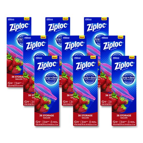 Ziploc Double Zipper Storage Bags, Triple System Seal, Gallon, 1.75 mil, 10.56" x 10.75", Clear, 38 Bags/Box, 9 Boxes/Carton