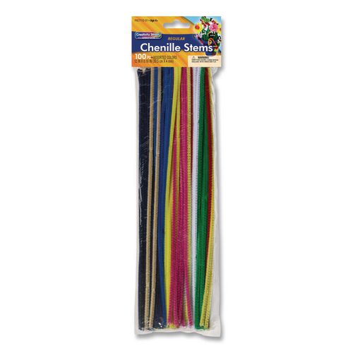 Creativity Street Regular Stems, 12" x 4mm, Metal Wire/Polyester, Assorted Colors, 100/Pack
