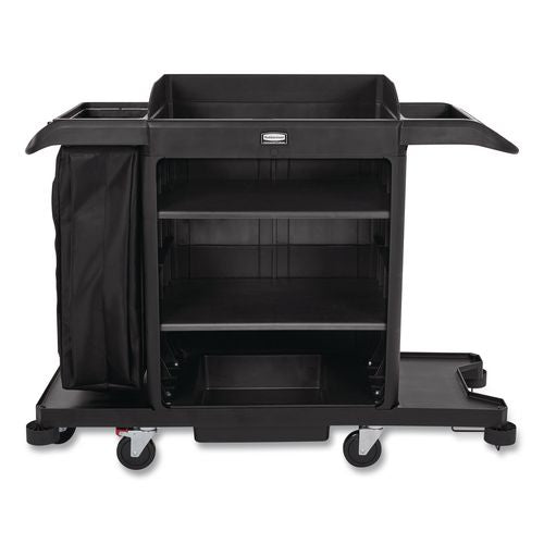 Rubbermaid Commercial Full-Size Housekeeping Cart, Plastic, 3 Shelves, 1 Bin, 24.4 x 62.4 x 49, Black