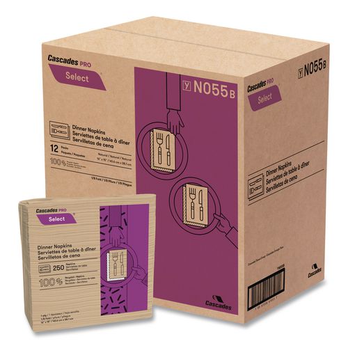 Cascades PRO Select Dinner Napkins, 1-Ply, 16 x 15, Natural Brown, 250/Pack, 12 Packs/Carton