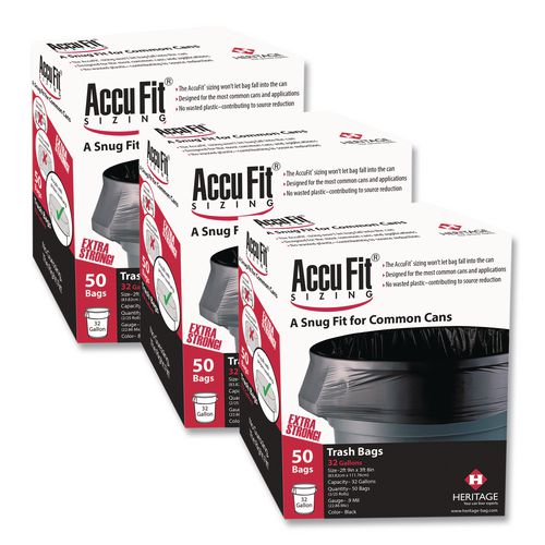 AccuFit Linear Low Density Can Liners with AccuFit Sizing, 55 gal, 1.3 mil, 40" x 53", Black, 50 Bags/Box, 3 Boxes/Carton