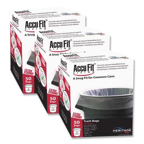 AccuFit Linear Low Density Can Liners with AccuFit Sizing, 55 gal, 0.9 mil, 40" x 53", Clear, 50 Bags/Box, 3 Boxes/Carton